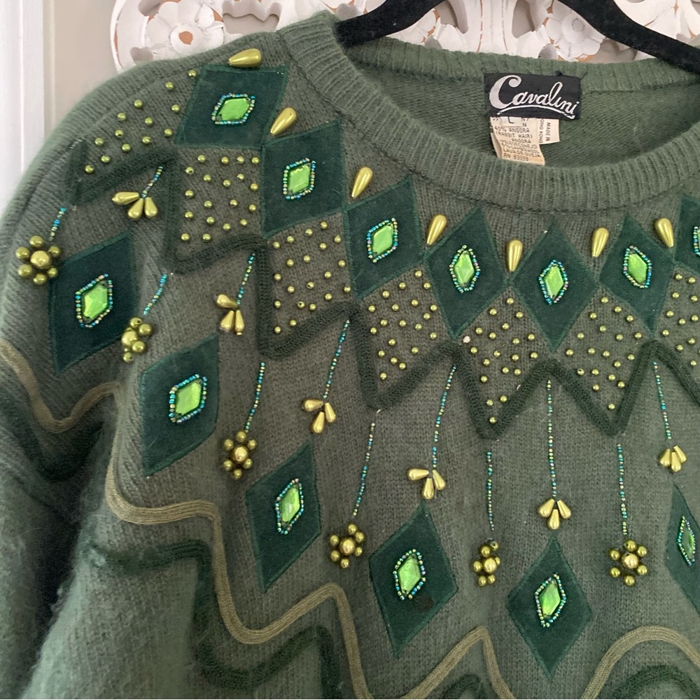 Cavalini VTG 90s Tunic Embellished Holiday Sweater Angora Lambs Wool Blend L - Picture 2 of 13
